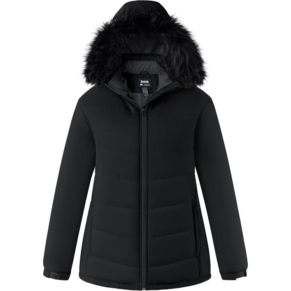 Women's Black Ski Jacket Waterproof Warm Snow Winter Coat with Removable Hood